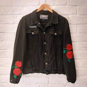 Brooklyn Cloth Jacket Mens Medium Toyko Embroidered Roses Black Denim Graphic